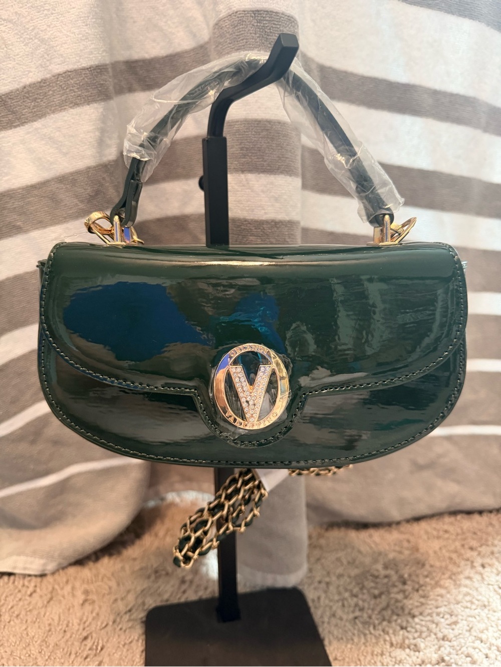 NWT Valentino Orlandi Dark Green Patent Top-Handle Crossbody Bag